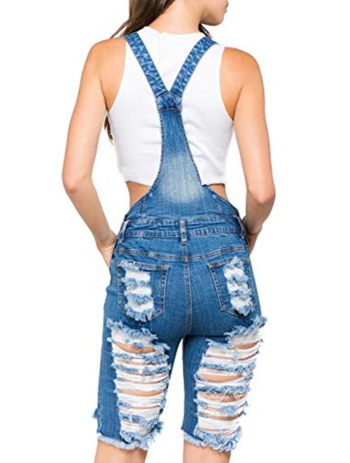 TwiinSisters Women's Front and Back Ripped Slim Curvy Cotton Denim Pants Short Bermuda Overalls Shortalls for Women