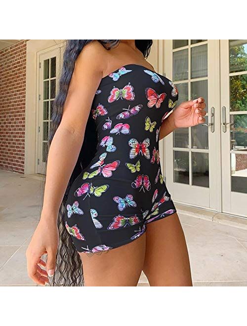 Luckinbaby Women's Bodysuit Sexy Strapless Printed Bodycon Romper Shorts Jumpsuit One Piece Outfit Clubwear