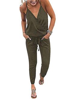 QUEENIE VISCONTI Women Summer Rompers - Casual Long Skinny Jumpsuits Vacation Beach Drawstring Pants Playsuit