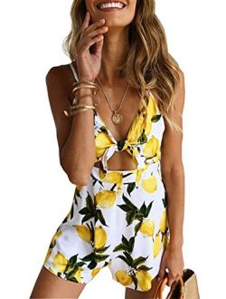 Famulily Women's Cute Summer Beach Lemon Printed Spaghetti Strap Short Jumpsuit Romper