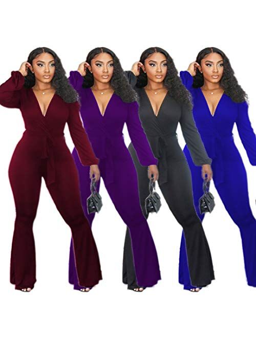 Womens Sexy Wrap V Neck Jumpsuits One Piece Outfits High Waist Bell Pants Suits Long Jumper with Belt