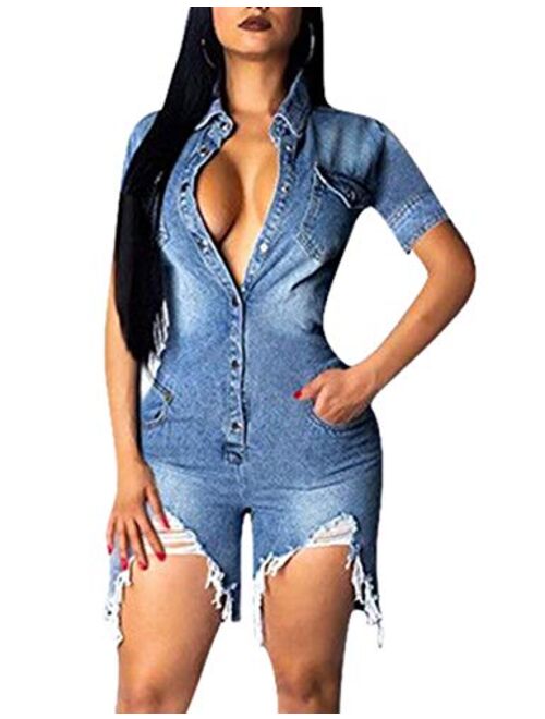 ECDAHICC Women’s Sexy Short Sleeve Night Club Denim Jumpsuits Rompers Mini Shorts One Piece Stretchy Rompers with Pocket