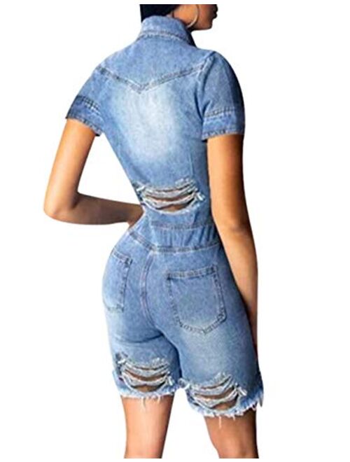 ECDAHICC Women’s Sexy Short Sleeve Night Club Denim Jumpsuits Rompers Mini Shorts One Piece Stretchy Rompers with Pocket