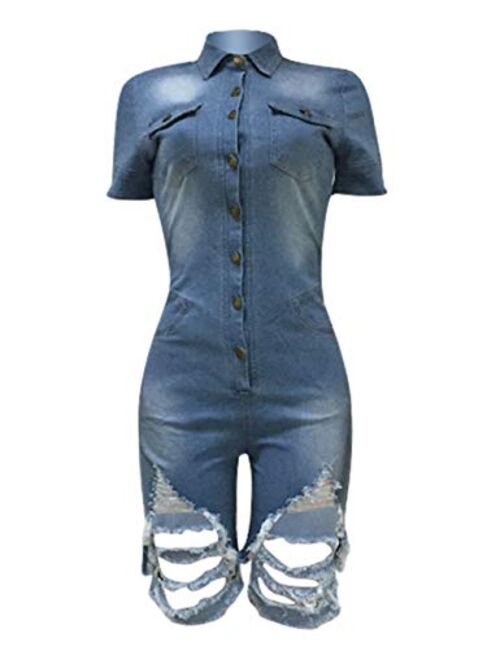 ECDAHICC Women’s Sexy Short Sleeve Night Club Denim Jumpsuits Rompers Mini Shorts One Piece Stretchy Rompers with Pocket
