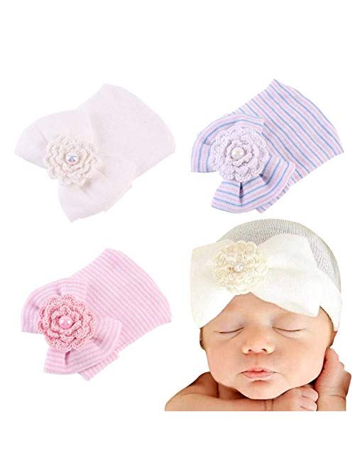 Ever Fairy 3 Pcs Newborn Hospital Hat Infant Baby Hat Cap with Big Bow Soft Cute Knot Nursery Beanie (White,Blue,Pink)