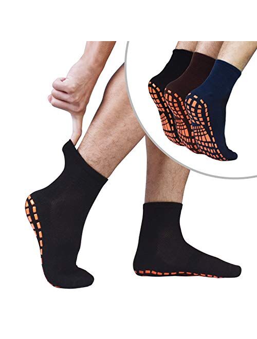Socks for Men Non Slip House Socks with Grips 3 Pairs Anti-Skid Yoga Pilates Tile Wood Floors Hospital Slipper Socks