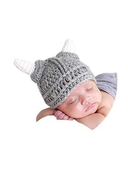 Baby Beard Viking Knit Hat Barbarian Bull Horn Crochet Handmade Knit Beanie Hat