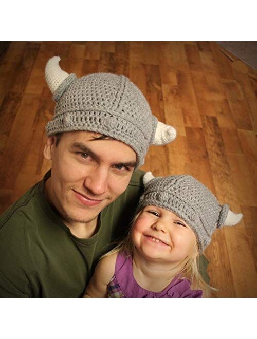 Baby Beard Viking Knit Hat Barbarian Bull Horn Crochet Handmade Knit Beanie Hat