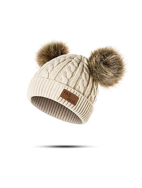 Infant Toddler Beanie Woolen Hat Pure Color Winter Twist Double Pom Pom Wool Knitted Cap for 0-3 Years Old