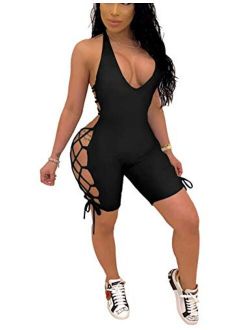 Women's Summer Casual Romper - Tie Dye Print Lace Up Backless Bodycon Short Jumpsuits Romper