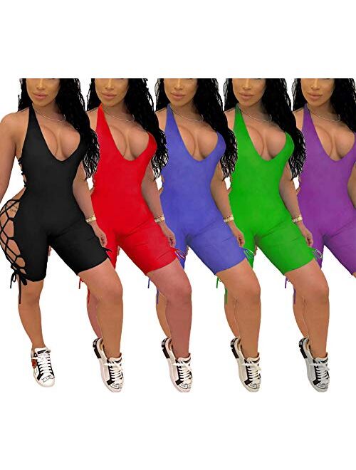 Women's Summer Casual Romper - Tie Dye Print Lace Up Backless Bodycon Short Jumpsuits Romper
