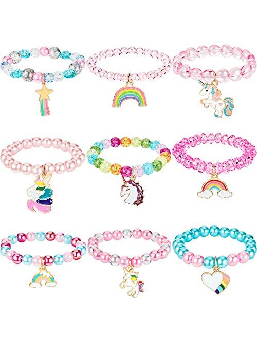 9 Pieces Colorful Unicorn Bracelet Girls Unicorn Bracelets Rainbow Unicorn Beaded Bracelet for Birthday Party Favors (Crystal Style)