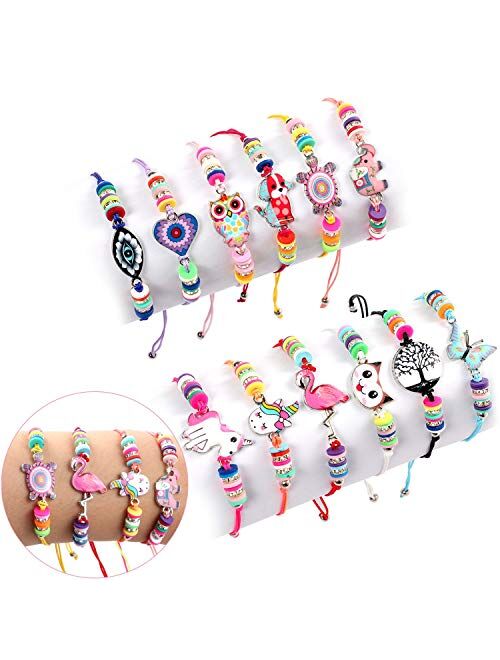 Lorfancy 12 Pcs Kids Girls Women Bracelets Jewelry Animal Pendant Unicorn Owl Cute Women Bracelet Multicolor Rhinestone Woven Friendship Bracelets for Party Favors Preten