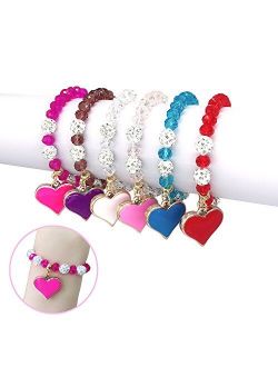 Elesa Miracle 6Pc Little Girl Teens Kids Heart Pendant Crystal Beaded Bracelet Value Set Kids Girl Party Favor Pretend Play Bracelet, Multicolor