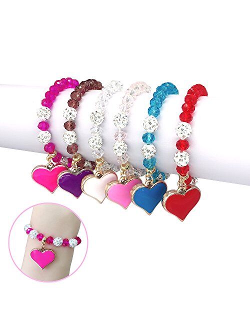 Elesa Miracle 6Pc Little Girl Teens Kids Heart Pendant Crystal Beaded Bracelet Value Set Kids Girl Party Favor Pretend Play Bracelet, Multicolor