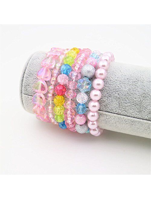 6 Pieces Princess Bracelets,Rainbow Stretchy Bead Bracelets Pink Love Bracelet,Girls Costume Jewelry Set