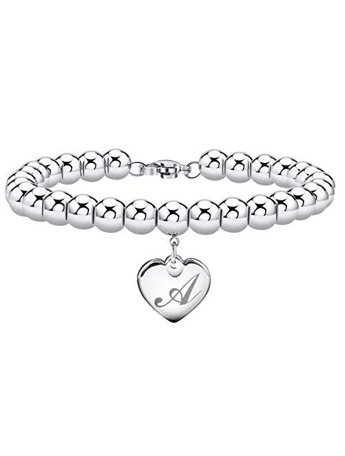 Initial Bracelet for Girl Stainless Steel 26 Letters A to Z Heart Tag Bead Bracelet Alphabet Bracelet Mother's Day Gifts for Women