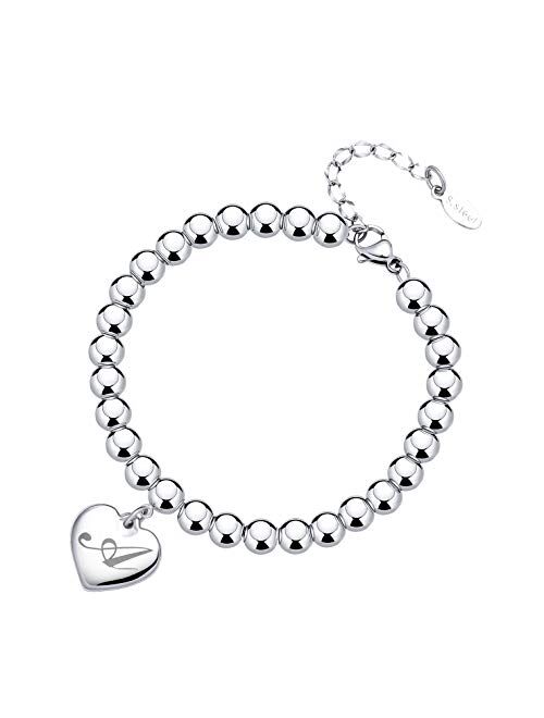 Initial Bracelet for Girl Stainless Steel 26 Letters A to Z Heart Tag Bead Bracelet Alphabet Bracelet Mother's Day Gifts for Women