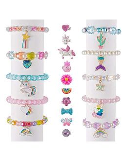Deoot 20 Pcs Little Girls Rings and Bracelets,10 Pcs Adjustable Little Girls Rings and 10 Pcs Princess Bracelets for Toddlers Kids Girls