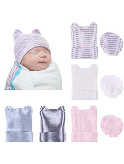 BQUBO Newborn Baby Caps Mittens for Baby Girls Set Hospital Hat Beanie Infant Hats with bow Baby Scratch Mitten Gloves