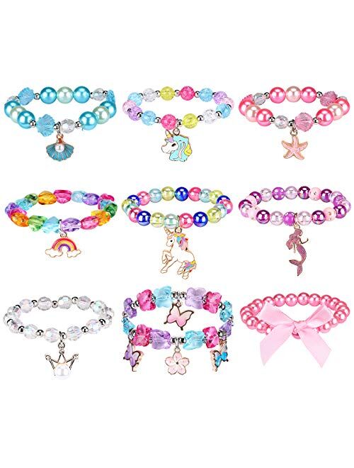 G.C 9 Pcs Bead Girls Bracelet With Cute Unicorn Rainbow Shell Mermaid Starfish Floral Design Colorful Kids Gift Toy Party Favors Friendship Pretend Dress Up Play Costume 