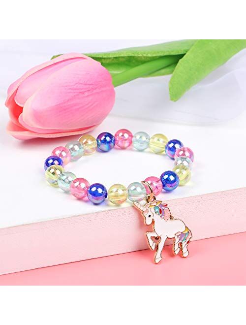 G.C 9 Pcs Bead Girls Bracelet With Cute Unicorn Rainbow Shell Mermaid Starfish Floral Design Colorful Kids Gift Toy Party Favors Friendship Pretend Dress Up Play Costume 
