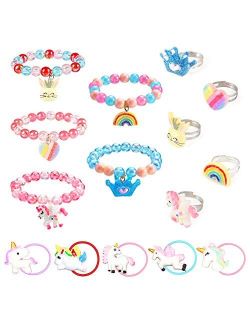 LOVESTOWN 15 Pcs Toddler Bracelets Rings Set, Pretend Play Bracelet Little Girl Animal Bracelets Girl Toy Bracelets for Birthday Gift Dress Up Game Props