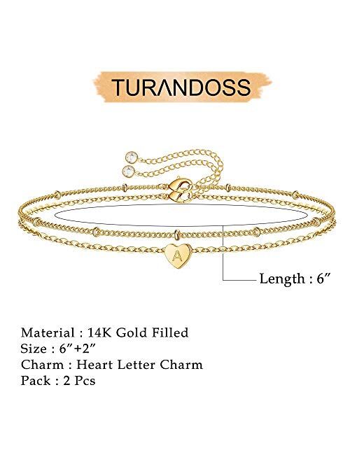 Turandoss Dainty Heart Initial Bracelets for Women, 14K Gold Filled Handmade Personalized Letter Layered Heart Initial Bracelets for Women Girls Jewelry Gifts