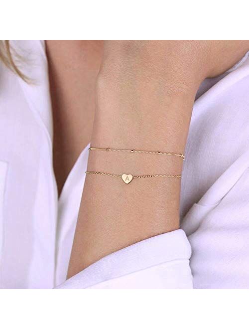 Turandoss Dainty Heart Initial Bracelets for Women, 14K Gold Filled Handmade Personalized Letter Layered Heart Initial Bracelets for Women Girls Jewelry Gifts