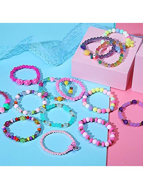 PinkSeep Beaded Bracelets for Kids- 12 Pack 36 PC, Little Girl Plastic Bracelets, Flower Butterfly Pink Bracelet, Party Favor