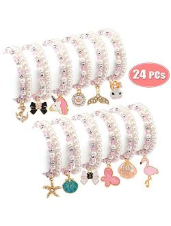 Bracelets for Teen Girls Pearl Pink Beaded Unicorn Animals Pendant Toddler Bracelets Crystal Party Favor Costume Kids Jewelry Princess Pretend Play Bracelets for Girls