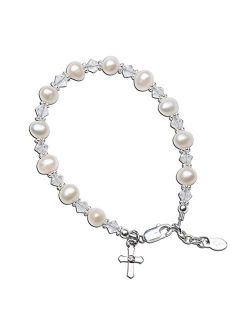 Children's Sterling Silver Cross Bracelet and/or Necklace with Cultured Pearl and High End Crystal for First Communion, Baptism or Christening