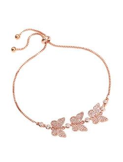 YOMEGO 3D Butterflies Bracelet Adjustable Chain Bangle with Real Gold Plating in Rose Gold and White Gold, Great Idea of Gift for Teen Girls and Women