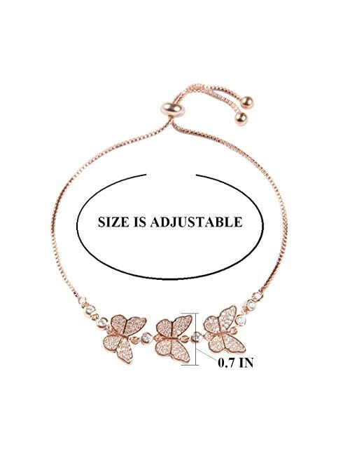 YOMEGO 3D Butterflies Bracelet Adjustable Chain Bangle with Real Gold Plating in Rose Gold and White Gold, Great Idea of Gift for Teen Girls and Women