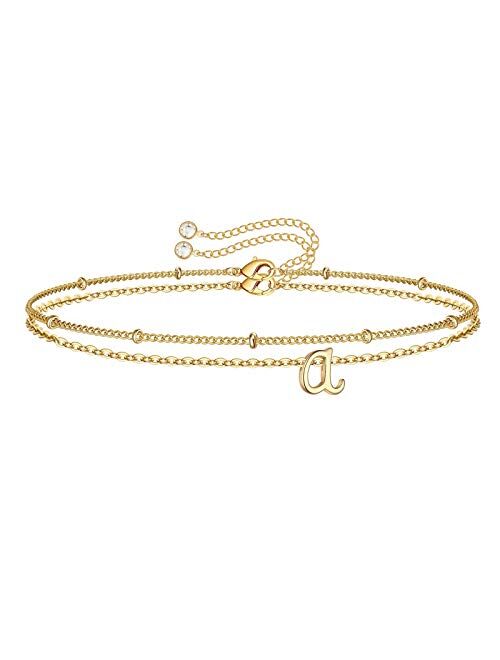 Yoosteel Tiny Initial Bracelets for Women Girls, 14K Gold Filled Handmade Letter Bead Bracelet Personalized Layered Initial Bracelets for Women Girls Jewelry Gifts