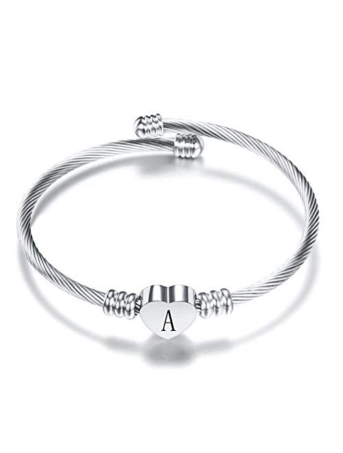 MiniJewelry Women Girls 26 Initial Name Letter Cuff Bracelets Alphabet Heart A-Z Initial Silver Expandable Cuff Gift Birthday