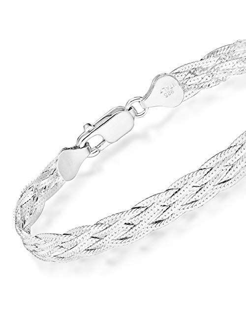 Miabella 925 Sterling Silver Italian 6-Strand Diamond-Cut 7mm Braided Herringbone Chain Bracelet for Women Teen Girls 6.5, 7.25, 8 Inch 925 Italy