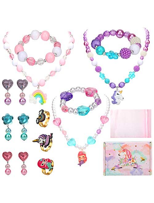 Hicdaw Toddler Costume Jewelry Princess Necklace Bracelet Kit Gift for Girls Dress Up Pretend Play Party Favors (17PCS)