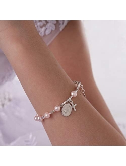 Children's Sterling Silver Communion Rosary Bracelet with Cultured Pearl and Crystal (6-6.5")