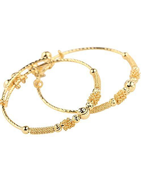 Loyoe Jewelry 24k Yellow Gold Plated Baby's Bracelet Adjustable Children's Bangle(2pcs/lot)
