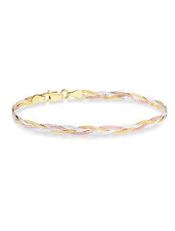 Tri-Color 18K Gold Over Sterling Silver Italian 3-Strand 4mm Braided Herringbone Link Chain Bracelet for Women Teen Girls 6.5, 7, 7.5, 8 Inch 925, Italy