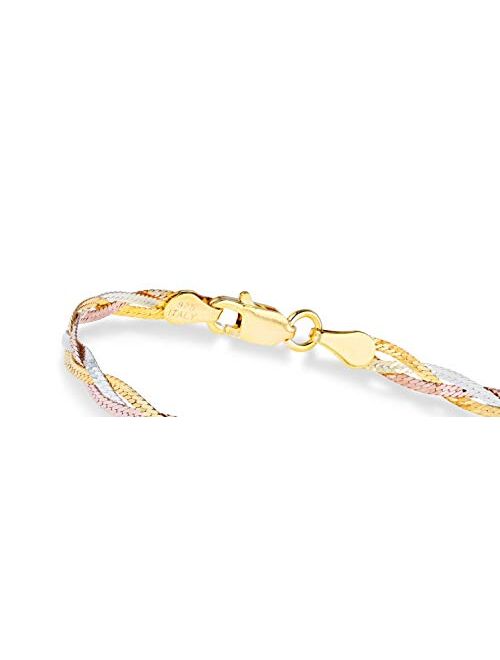 Miabella Tri-Color 18K Gold Over Sterling Silver Italian 3-Strand 4mm Braided Herringbone Link Chain Bracelet for Women Teen Girls 6.5, 7, 7.5, 8 Inch 925, Italy