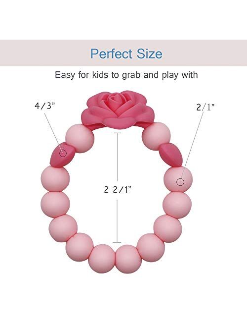 Sensory Chew Bracelet for Baby, Teething Beads Bracelet for Girls, Silicone Teether Ring Pink Rose Chewing Toys for Toddlers and Infant