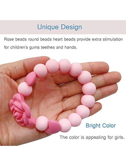 Sensory Chew Bracelet for Baby, Teething Beads Bracelet for Girls, Silicone Teether Ring Pink Rose Chewing Toys for Toddlers and Infant