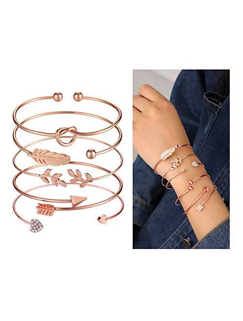 Softones 5pcs Bangle Rose Gold Bracelets for Women Girls Heart|Olive Leaf|Arrow|Feather|Knot Heart Open Cuff Bracelet Set Adjustable