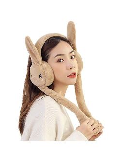 Women's Winter Plush Earwarmer Bunny Earmuffs with Moving Jumping Rabbit Ears Windproof Airbag Ear Bag