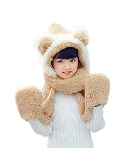 Kids Toddlers Winter Warm Cartoon Fuzzy Fleece Scarf Beanie Hats, Cute Hooded Scarf Earmuffs with Pockets for Girls