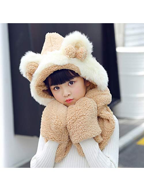 Kids Toddlers Winter Warm Cartoon Fuzzy Fleece Scarf Beanie Hats, Cute Hooded Scarf Earmuffs with Pockets for Girls