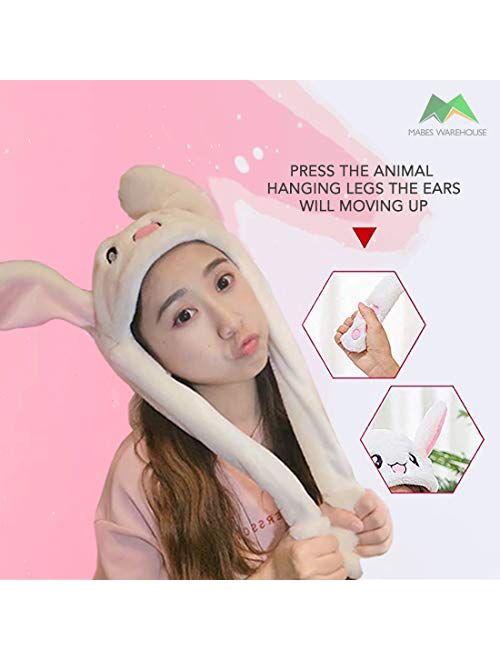 MABES WAREHOUSE Girls Animals Ear Moving Jumping Hats - Unique Warm Plush Rabbit Pinch Airbag Funny Winter Caps