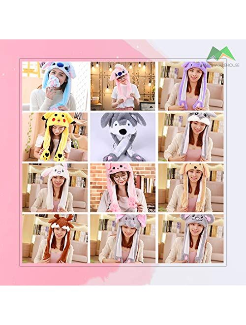 MABES WAREHOUSE Girls Animals Ear Moving Jumping Hats - Unique Warm Plush Rabbit Pinch Airbag Funny Winter Caps